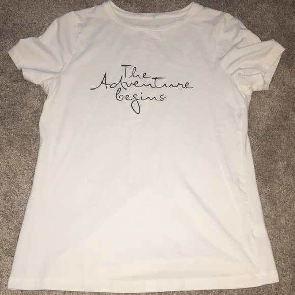A white t-shirt that say “The Adventures Begin” - Picture 1 of 3